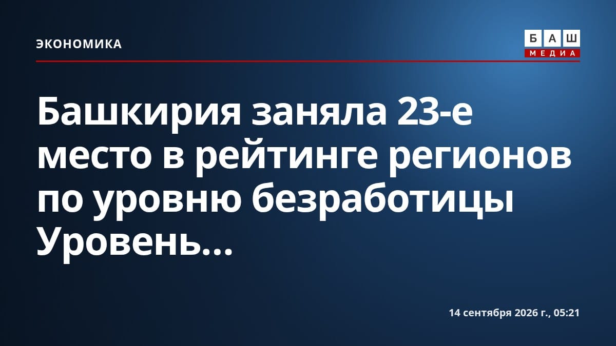 Башкирия заняла 23-е место в рейтинге регионов по уровню безработицы Уровень...